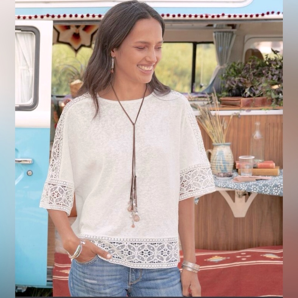 Sundance Dolman Sleeve Madeline Dream Boxy Linen Blend Top White Lace Detailing
